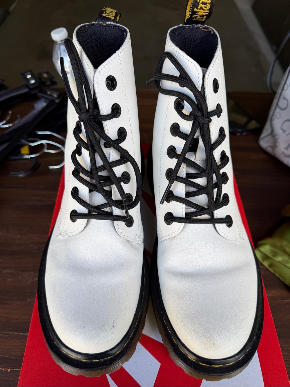 Dr. Martens White Leather Lace-Up Combat Boots with Black Laces